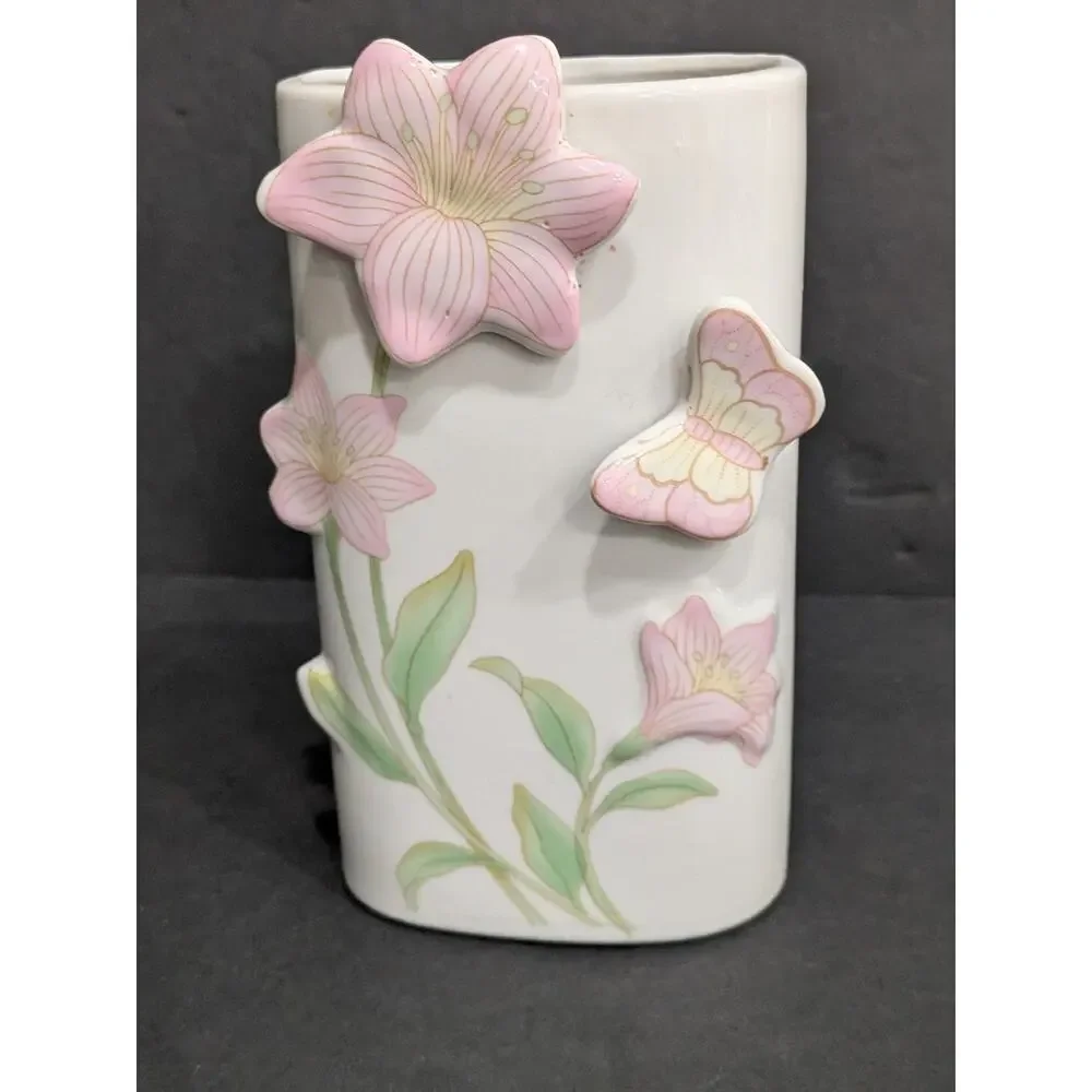 Vintage 3D Porcelain Bud Vase Pink Lily Butterfly Applied Flower Ceramic 5.5